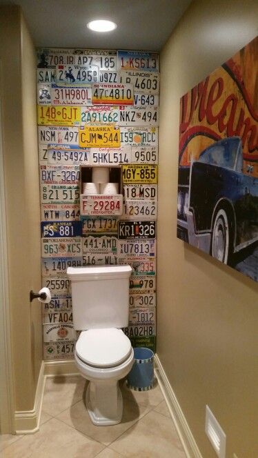 License Plate Wall  - Boys Bathroom Weird Bathroom Ideas, License Plate Wall Art, License Plate Wall Ideas, Car Bathroom Decor, Car Plates Decoration, License Plate Decor Wall Art, Vintage License Plate Decor, Mancave Bathroom Ideas, License Plate Room Decor