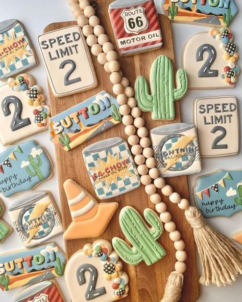 Radiator Springs Cookies, Third Lap Birthday, Radiator Springs Birthday Party, Radiator Springs Cake, Pixar Cars Cookies, Cars Cookies Disney, Cars Birthday Cookies, Radiator Springs Birthday, Retro Cookies