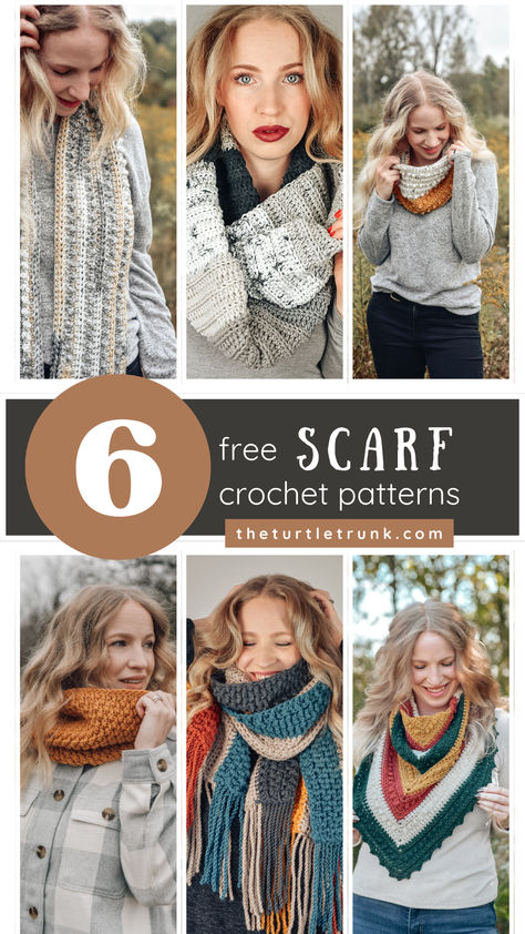 6 photos of a woman wearing a different crochet scarf. Scarf Patterns Crochet, Fall Scarf Crochet, Christmas Scarf Crochet, Fall Crochet Patterns Free, Knitted Hat Patterns Free Women, Free Crochet Scarf Patterns, Crocheted Scarfs, Free Crochet Scarf, Easy Crochet Scarf