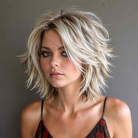 Shag Hairstyles Medium Wavy Hair, Long Choppy Bob Haircuts, Shag Bobs For Fine Hair, Short To Medium Layered Haircuts, Gray Layered Bob, How To Style Choppy Layers, Short Crown Layers, Blonde Short Layered Hair, Shoulder Length Hair With Layers Side Part