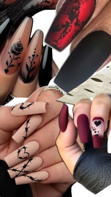 I wanna do the heart nail art and use the rose nail gloss style. I wanna do the black and red but I was thinking we use black and that red shade on the picture next to the black Matt nail Heart Nail, Heart Nail Art, Rose Nails, Heart Nails, Matte Nails, The Rose, The Black, Black And Red, Nail Art