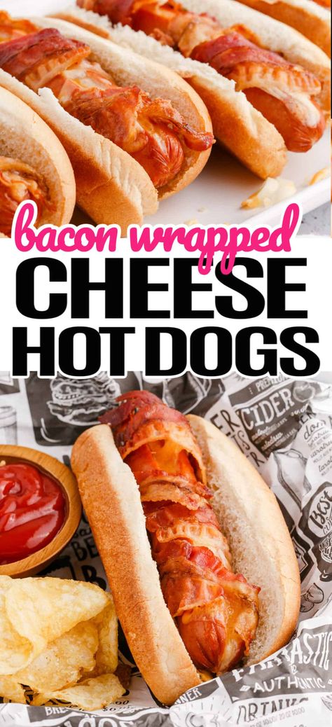 Bacon Wrapped Cheese Hot Dogs bring together everyone's favorite ingredients to revolutionize this classic summer snack! #Realhousemoms #baconwrapped #cheese #hotdog #4thofjuly #cookout #potluck #summertime Bacon Cheese Hotdogs, Hot Dogs With Bacon, Bacon Wrapped Hot Dogs In Oven, Hot Dog Weiner Recipes, Bacon Wrapped Hotdogs In Oven, Cheesy Hotdogs, Hotdogs Wrapped In Bacon, Football Sandwiches, Bacon Wrapped Hot Dog