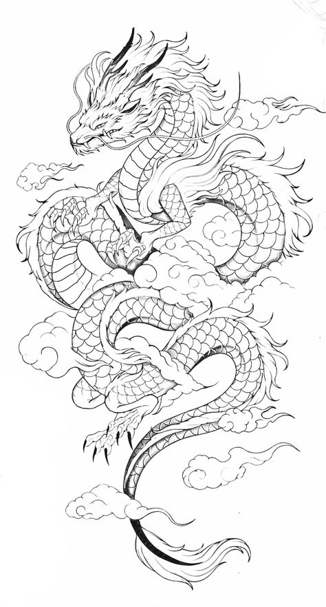 Kimono Dragon Tattoo, Chinese Dragon Stencil, Upper Arm Dragon Tattoos For Women, Josh Duffy Tattoo, Dragon Sleeve Tattoo Design, Samurai Dragon Tattoo Design, Dragon Tattoo With Clouds, Dragon With Flames Tattoo, Sleeve Connector Tattoo