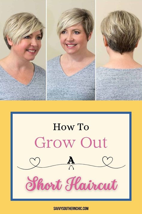 Tips and tricks for growing out short hair. Learn ways to style your short hair while it grows out. Growing Out A Pixie Stages Of Tips, Hairstyles For Overgrown Pixie, Growing Out Short Thick Hair, Hair Growing Out, Haircut For Growing Out Pixie, How To Grow Out Pixie Haircut, Growing Short Hair Into A Bob, Letting Hair Grow Out, Letting Short Hair Grow Out Hairstyles