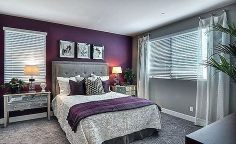 Purple Wall Bedroom, Upstairs Layout, Purple Bedroom Walls, Purple Bedroom Design, Purple Bedrooms, Purple Bedroom, Purple Rooms, Grey Room, Purple Walls