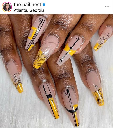 Black and Yellow - Summer Black And Yellow Nails Design, Mustard And Black Nails, Yellow Nails Black Design, Nail Ideas Black And Yellow, Nail Art Designs Yellow And Black, Mustard Yellow Nails, Yellow And Black Ombre Nails, Mustard Yellow And Black Nails, Black And Yellow Nails