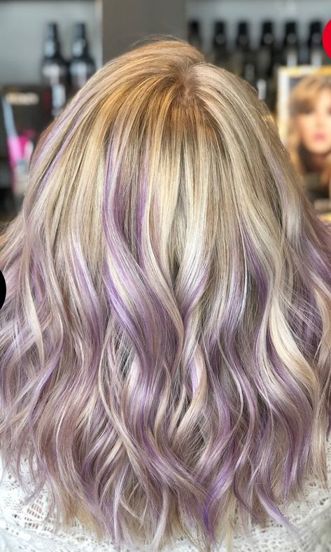 Purple Highlights Blonde Hair Short, Blonde And Coloured Hair, Lavender Highlights Blonde Hair, Colored Lowlights, Blonde Hair With Lavender Highlights, Blond And Blue Hair, Blonde With Purple Highlights, Blonde Hair With Pop Of Color, Light Purple Highlights