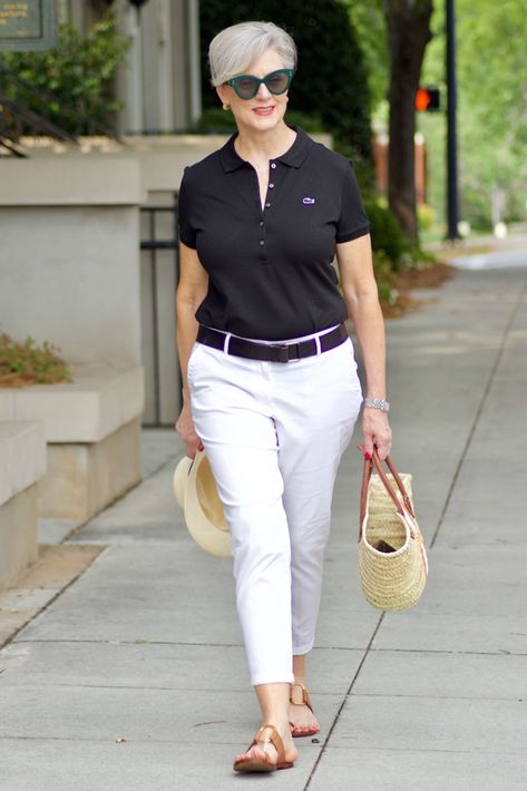 lacoste black polo, white chinos, brown sandals, straw tote Polo Shirt Outfits, Polo Outfit, Style At A Certain Age, Lacoste Polo, Fashion For Women Over 40, Woman's Fashion, Elegante Casual, 60 Fashion, Fashion Hacks