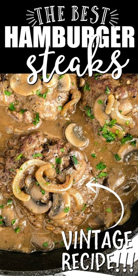 These easy, delicious hamburger steaks are a simple, hearty dinner option your whole family will love. Ground beef is mixed with bread crumbs and seasonings then cooked with mushrooms and onions in a rich, flavorful sauce for this mealtime favorite. Onion And Mushroom Gravy, Crowd Meals, Hamburger Ideas, Classic Family Meals, Ground Beef Patties, Hamburger Steak Recipes, Hamburger Steaks, Food Hamburger, Hamburger Dishes