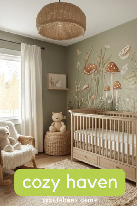 Woodland-themed nursery with sage green walls, a mushroom mural, wooden crib, plush toys, and natural woven textures, creating a cozy and nature-inspired space for a baby. *We may earn a small commission from your purchase. Baby Nursery Woodland Theme, Mushroom Nursery Decor, Earthy Nursery Ideas, Woodland Critters Nursery, Curtains Modern Farmhouse, Woodland Fairy Nursery, Light Green Nursery, Whimsical Woodland Nursery, Mushroom Nursery