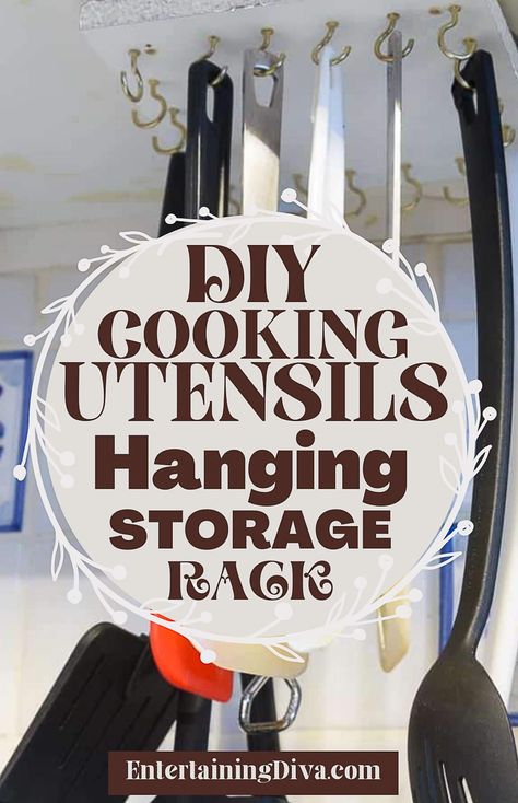 This DIY under cabinet storage rack is the best way to hang your kitchen utensils. It's super simple to make and makes everything so easy to reach. One of my favorite kitchen organization ideas ever! Diy Kitchen Utensil Holder Hanging, Small Kitchen Shelf, Hanging Kitchen Utensils, Under Cabinet Organization, Utensil Hanger, Diy Utensils, Under Cabinet Storage, Kitchen Utensil Storage, Budget Friendly Diy