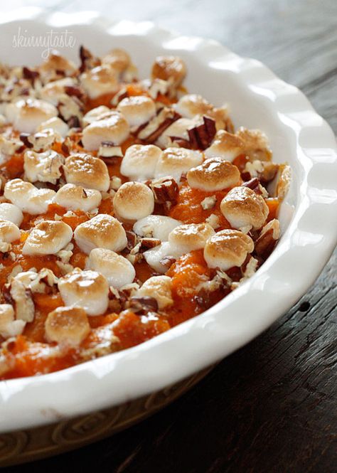 Sweet Potato Casserole, Skinnytaste.  I was pleasantly surprised by this dish.  Really easy and very flavorful with all the spices.  I'll definitely make this again. Sweet Potato Casserole Healthy, Sweet Potato Recipes Casserole, Yummy Sweet Potatoes, Stuffed Sweet Potato Healthy, Holiday Meals, Holiday Menus, Healthy Side, Holiday Feast, Christmas Menu