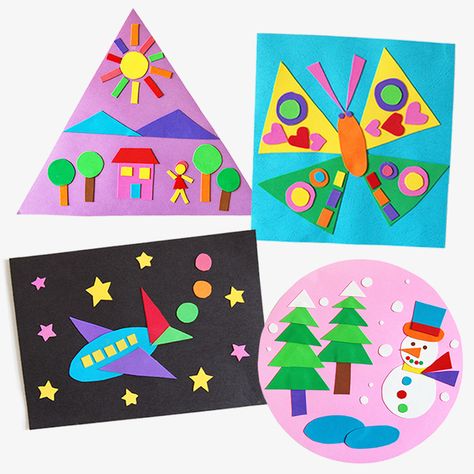 Many Shapes Picture | Kids' Crafts | Fun Craft Ideas | FirstPalette.com Preschool Construction Paper Crafts, Tiger Scouts, Picture Craft, Picture Collages, Shape Activities, Learn Shapes, Fun Craft Ideas, Construction Paper Crafts, Shape Collage