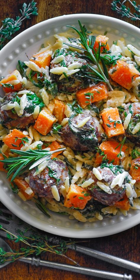 Creamy Chicken Meatballs with Orzo, Butternut Squash, Spinach, and Garlic Parmesan Cream Sauce - on a white plate. Chicken Meatballs With Orzo, Squash Orzo, Butternut Squash And Spinach, Spinach Orzo, Butternut Squash Spinach, Veggie Meatballs, Creamy Orzo, Baked Chicken Meatballs, Crowded Kitchen