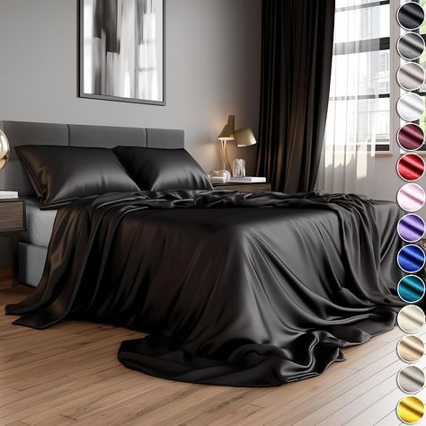 DECOLURE Satin Sheets King Bed Set (4 pcs, 8 Colors) - Hotel Luxury Soft Silky Satin Sheet Set with Deep Pockets，Satin Fitted Sheet - Black Satin Sheets，King Size Satin Sheets，Satin Bed Sheets King Black Satin Sheets Aesthetic, Black Satin Sheets, Dark Esthetics, Satin Bed Sheets, King Bed Set, Satin Bed, Healthy Life Hacks, Silk Sheets, Satin Bedding