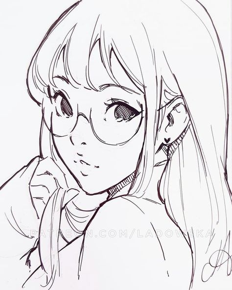 Cartoon Art Styles Lineart, Glasses Pose Reference Drawing, Glasses Girl Drawing, Lineart Reference, Digital Art Lineart, Ladowska Art, Oc Lineart, Asia Ladowska, Girl With Glasses