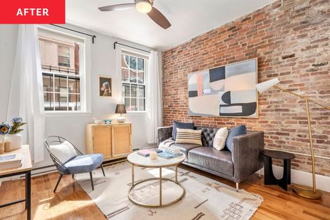 Newly staged living room in brick walled Boston condo. Staged Living Room, Bedroom Staging, Wall Closet, Exposed Brick Walls, Tall Ceilings, Metal Coffee Table, Brick And Stone, Apartment Inspiration, White Table