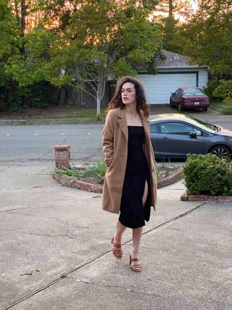 date night outfit with black dress, tan wool coat, nude heels, Kate spade purse Black Dress With Coat, Tan Heels Outfit, Black Dress Nude Heels, Fitted Dress Outfit, Beige Coat Outfit, Coat Styling, Caramel Coat, Black Dress Coat, Black Knee Length Dress