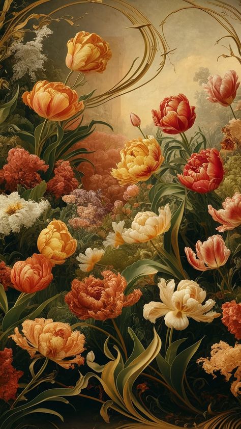 Immerse yourself in a lush landscape of vibrant tulips with our captivating wallpaper design. Inspired by Art Nouveau and Impressionism, this exquisite art features swirling patterns, intricate petals, and a soft vintage texture, creating a serene floral haven. Perfect for adding warmth and beauty to any space, this wallpaper merges nature and art, transforming your interior into a tranquil oasis. #WallArt #HomeDecor #FloralDesign Art Nouveau Landscape, Wallpaper Esthetics, Bedroom Wallpaper Designs, Vintage Tulips, Tulip Wallpaper, Tulips Wallpaper, Nouveau Wallpaper, Wallpaper Design For Bedroom, Art Nouveau Wallpaper