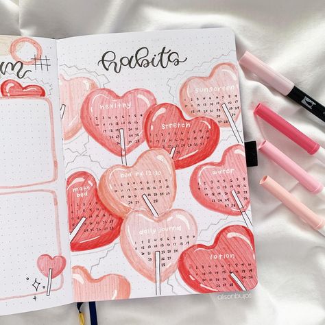 Doodle Bujo Journal Ideas, Journal Ideas Love, February Habit Tracker, Reading Journal Ideas Inspiration, Self Love Journal Ideas, Aesthetic Habit Tracker, Month Themes, Polaroid Book, February Aesthetic