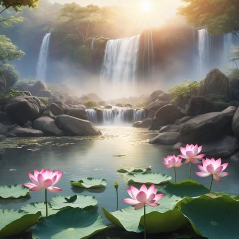 Waterfall Background, Greenery Background, Sunrise Background, Gorgeous Scenery, Nature View, Art References, Beautiful Sunset, Premium Photo, Sunrise Sunset