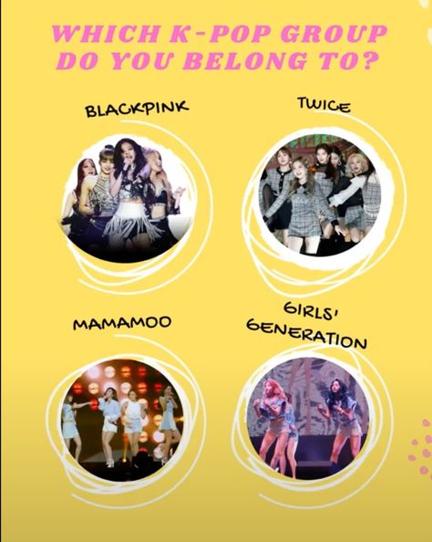 We've all sat at home and day dreamed of being a star. And one of the biggest dreams is to be a member of a K-Pop girl group. The group choreography, the matching ensembles, the songs, the adoring fans, and everything else involved. But with so many K-Pop groups out there, which one would be the perfect fit for your personality?

Take this quiz and find out! #BLACKPINK #GirlsGeneration #TWICE #Mamamoo #Kpop #Quiz Kpop All Groups Together, K-pop Group, Group Choreography, Blackpink Quiz, Kpop Quiz, K Pop Groups, K Pop Girl, Pop Quiz, Blackpink Members