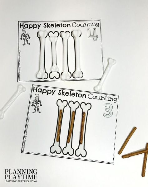 Happy Skeleton Counting with Bone Tally Marks. - October Morning Tubs Bones Lesson Preschool, Skeleton Math Activities, Bones Theme Preschool, Bones Activities For Preschool, Preschool Skeleton Activities, Fall Theme Activities, Preschool Body Theme, Happy Skeleton, Fun Stem Activities