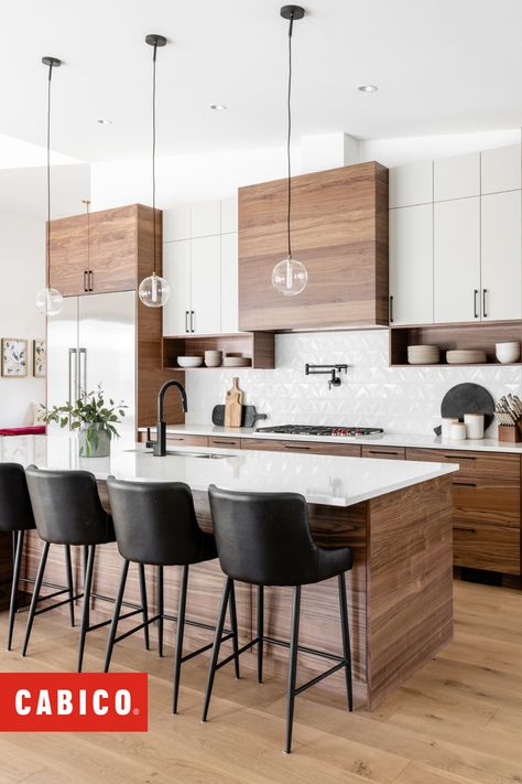 null White Cabinets And Black Hardware, Textured Backsplash, Birch Cabinets, Two Tone Cabinets, Fixtures Kitchen, White Texture, White Cabinets, Black Hardware, Kitchen Backsplash