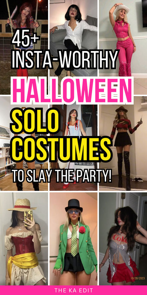 solo halloween costumes, solo halloween costume ideas. Cool Adult Halloween Costumes, Halloween Costume Ideas 2024 Women, College Solo Halloween Costumes, Halloween Costume Inspo 2024 Solo, Halloween Female Costumes Ideas, Fun Costume Ideas For Women, Cute Halloween Costumes One Person, Villian Halloween Costumes For Women, Adult Women Halloween Costume Ideas