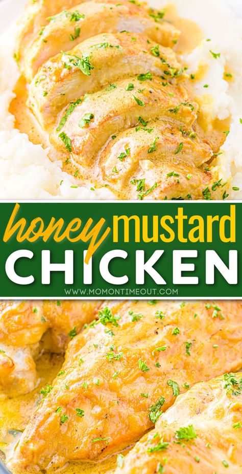 This Honey Mustard Chicken is a super delicious and easy dinner recipe that will wow you with it's amazing flavor! The rich and creamy, honey mustard sauce is the perfect combination of sweet and tangy and adds so much flavor to this easy chicken recipe - yum! // Mom On Timeout Honey Mustered Chicken, Mom On Timeout Recipes Chicken, Chicken Recipes Honey Mustard, Healthy Mustard Chicken, Honey Mustard Chicken Crockpot, Honey Mustard Chicken And Rice, Easy Honey Mustard Chicken, Chicken With Honey Mustard Sauce, Katayef Recipe