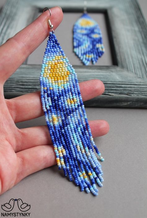 Earring Art, Van Gogh Inspired, Artistic Earrings, Gold Bead Earrings, Boho Earring, Art Perle, Bracelets Handmade Diy, Native Beadwork, Brick Stitch Earrings