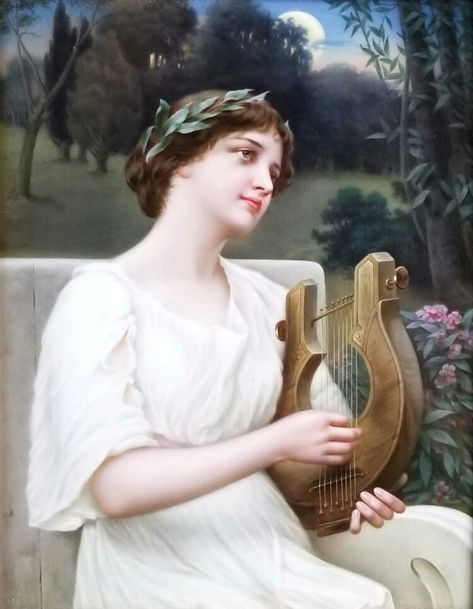 Woman Playing Harp, Green Knight, Romantic Scenes, Realistic Paintings, Paintings I Love, Elegant Art, Painted Porcelain, Antique Porcelain, Pose Reference Photo