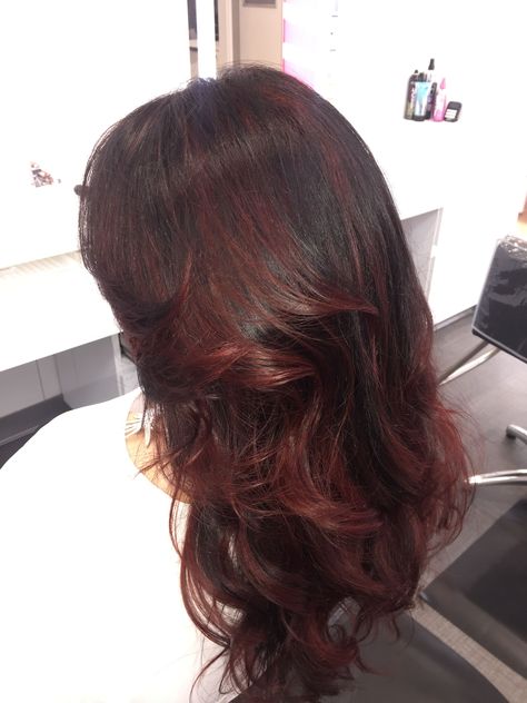 Ombre Black Red Hair, Dark Red Hair Over Black, Red On Brown Balayage, Faded Dark Red Hair, Red Highlights On Black Wavy Hair, Dark Red Underdye Hair Brown, Dark Wine Red Hair Highlights, Wine Red Hair Highlights On Black Hair, Red Hair Dye Over Brown