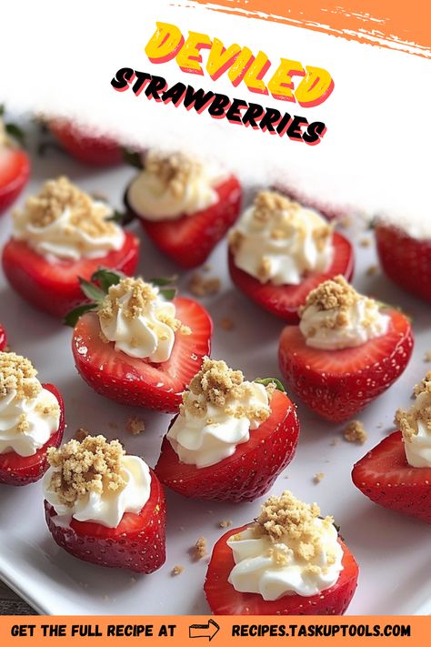 Dive into the deliciousness of our Deviled Strawberries - an enticing twist on a classic sweet treat. Guaranteed to impress at any gathering, these delicacies are a perfect blend of tangy strawberry, smooth cream cheese, and a hint of spice. Enjoy the fabulous fusion of flavors with every bite. Check out our easy-to-follow recipe and make your next event truly unforgettable. Don't forget to save it to your board for later! Filled Strawberries Cream Cheese, Devil Strawberries, Devilled Strawberries, Deviled Strawberry Cheesecake, Strawberry Cream Cheese Bites, Cheesecake Deviled Strawberries Recipe, Strawberry Deviled Eggs, Cheesecake Deviled Strawberries, Deviled Strawberries Recipe