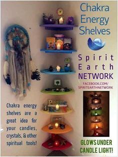 Chakra shelves! Reiki Room, Zen Den, Healing Room, Zen Room, Chakra Energy, Reiki Symbols, Spiritual Tools, Singing In The Rain, Massage Room