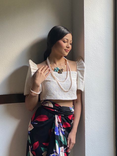 Inabel terno top and floral wrap skirt from Kultura Filipiniana Entourage, Filipino Dresses, Modern Filipiniana Dress, Cutout Skirt, Modern Filipiniana, Character Clothes, Filipiniana Dress, Floral Wrap Skirt, 2023 Outfits