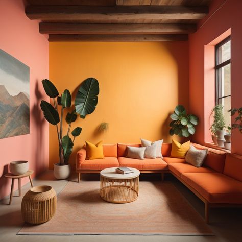 Interior Design Analogous Colors, Orange Wall Interior Design, Minimalist Home Colorful, Orange Wall Office, Analogous Living Room, Colorful Vaulted Ceiling, Instagrammable Interior Design, Vibrant Living Room Ideas Eclectic, Multi Color Room Walls