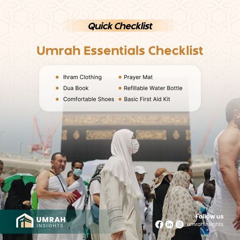 Umrah Essentials Checklist "Not sure what to bring? Here’s a quick essentials checklist for your Umrah journey: Ihram clothing, a prayer mat, a dua book, a refillable water bottle, comfortable shoes & a basic first aid kit. 🧳 #EssentialsChecklist #UmrahPreparation #SmartPacking" Ihram Clothing, Umrah Essentials, Basic First Aid Kit, Smart Packing, Essentials Checklist, Basic First Aid, Prayer Mat, Aid Kit, A Prayer