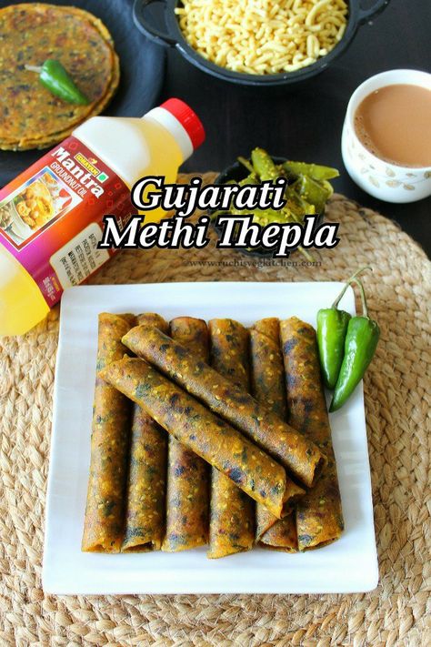 Gujarati Methi Thepla – Ruchi's Veg Kitchen Methi Thepla Recipe, Gujarati Breakfast, Thepla Recipe, Methi Thepla, Sorghum Flour, Fenugreek Leaves, Shrimp Recipes For Dinner, Love Eat, Whole Wheat Flour