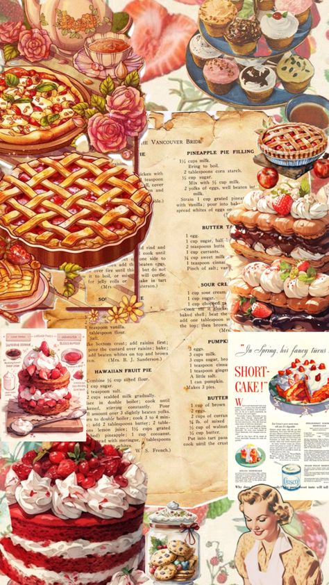 Bakery Vintage, Baking Wallpaper, Vintage Bakery, Homemade Cookbook, Kawaii Cooking, Food Illustration Art, Vintage Baking, Food Drawing, Coffee And Books