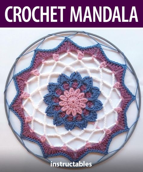 Crochet a beautiful Good Vibes Mandala that fits inside a hoop. #Instructables #yarncrafts #home #decor #yarn Crochet Hoop Wall Hanging, Small Crochet Mandala, Hoop Crochet, Mandala Haken, Crochet Dreamcatcher Pattern, Dreamcatcher Crochet, Crochet Decorations, Crochet Hoop, First Crochet