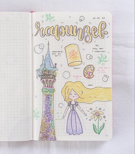 Disney Princess Aesthetic Drawing, Princess Drawing Aesthetic, Disney Princess Journal Ideas, Rapunzel Aesthetic Drawing, Tangled Journal, Rapunzel Journal, Rapunzel Doodle, Rapunzel Drawings, How To Draw Rapunzel