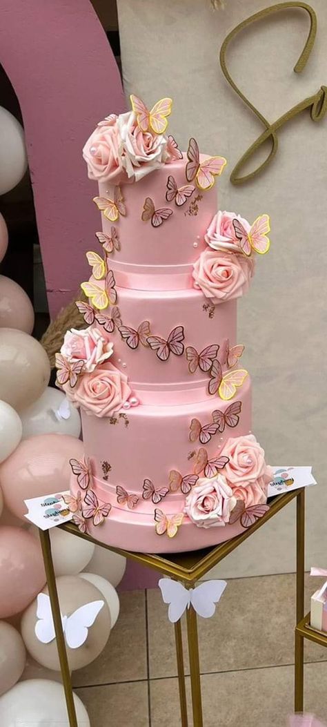 Pastel Colors Quinceanera Theme, Quinceanera Cakes Butterflies, Pink Butterfly Decorations For Party, Pink Butterfly Theme Quinceanera, Quince Decorations Butterfly, Quince Decorations Pink Butterfly, Pink Enchanted Forest Theme, Quince Cake Ideas Pink, Quince Decorations Butterfly Theme