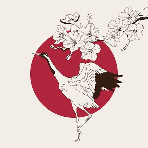 Free vector hand drawn japanese illustra... | Free Vector #Freepik #freevector #bird-flower #japanese-flower #crane-bird #japanese-tree Cryptid Ideas, Japanese Style Illustration, Cuadros Aesthetic, Flower Japanese, Japanese Bird, Japanese Tree, Japan Illustration, Japanese Crane, Tree Flowers