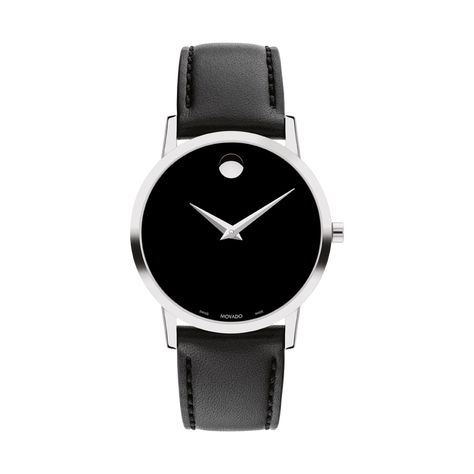 movado museum classic, 33mm stainless steel case with black museum dial on a black calfskin leather strap. Classic Watch Women, Black Museum, Movado Watch, Peoples Jewellers, Classic Wardrobe, Classic Watches, Black Watch, Leather Band, Sapphire Crystal