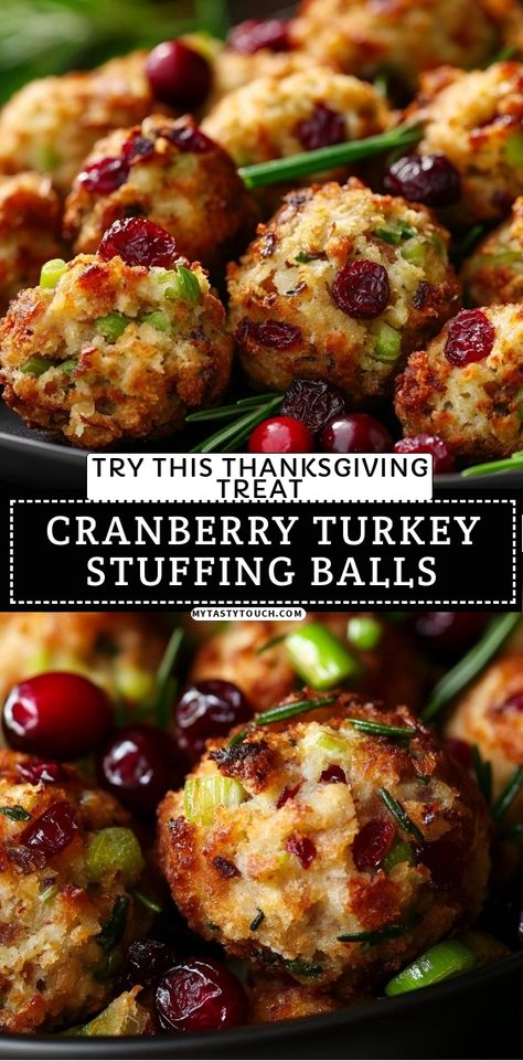 These Cranberry Turkey Stuffing Balls are a must-try for your Thanksgiving feast! They're bursting with flavor and the perfect bite-sized treat. Tender turkey combined with tart cranberries and savory herbs creates a delightful harmony that will please everyone's palate. Serve them hot and watch your guests delight in this festive appetizer! Stuffing Balls With Cranberry Sauce, Festive Cranberry Turkey Stuffing Balls, Stuffing Ball Appetizers, Sausage Stuffing Balls With Cranberry, Meals With Cranberry Sauce, Turkey Appetizers Finger Foods, Turkey And Stuffing Balls, Cranberry Stuffing Balls, Cranberry Turkey Stuffing Balls