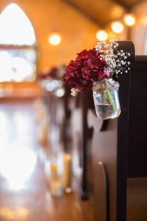 Mason Jar Aisle Decor, Wedding Aisle Mason Jars, Hanging Mason Jars Wedding Aisle Decorations, How Do You Completely Cover A Church Pew To Make It Pretty For A Wedding, Floral Pew Markers, The Aisle Wedding, Wedding Pew Decorations, Church Pews, Wedding Pews