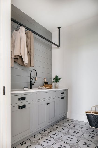 Big Laundry Room Ideas Basements, Laundry Room Ideas Above Washer And Dryer, 12x12 Laundry Room Layout, Accent Wall In Laundry Room, Laundry Room Renovation Inspiration, Long Laundry Room, Barndo Lighting, Laundry Room Mud Room Combo, Laundry Room Color Ideas