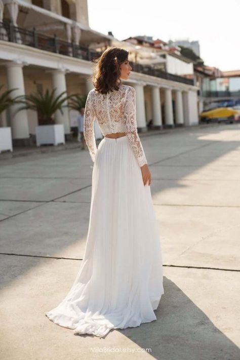 15 Best Crop Top Wedding Dresses + Separates for 2020 Bridal Skirt Separate, Wedding Dress Sleeve, Sleeve Embellishment, Simple White Wedding Dress, Crop Top Wedding Dress, Bridal Skirts, Long Sleeve Wedding Dress Lace, Bridal Separates, Wedding Dress Chiffon