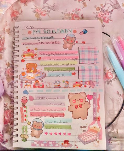 Kawaii Notes Aesthetic, Pastel Journal Aesthetic, Cute Notebooks Ideas, Candy Journal Ideas, Cute Note Aesthetic, Pastel Scrapbook Ideas, Cute Journal Ideas Aesthetic Korean, Kawaii Journal Aesthetic, Buku Journal Aesthetic